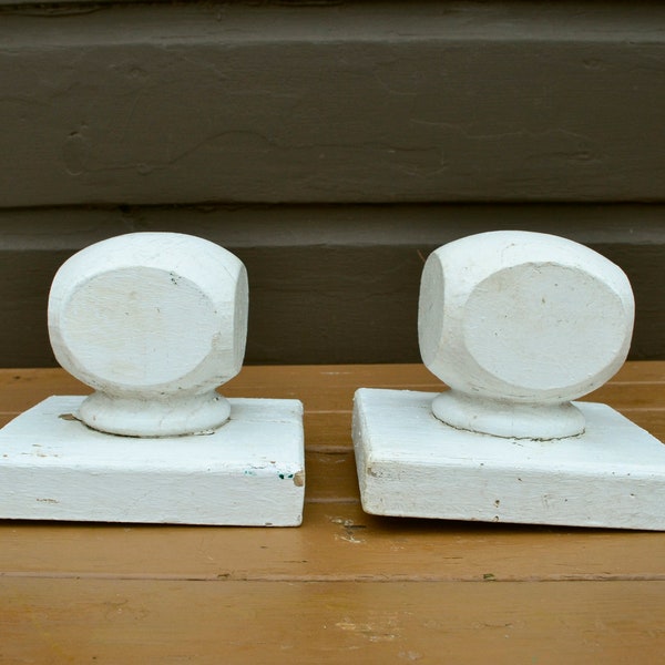 Pair Porch Post Finials, Vintage White Wooden Finials, Architectural Finial