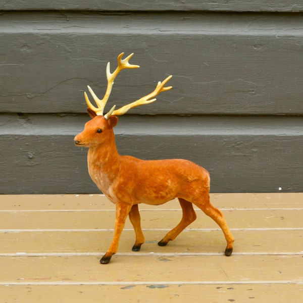 Flocked Deer, Vintage Deer Figure, Antlered Buck, Holiday Deer