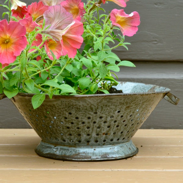 Gray Enamel Colander, Vintage Rustic Strainer, Planter Colander