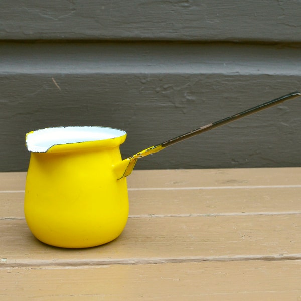 Enamel Pouring Cup, Mid Century Measuring Cup, Yellow Enamel Ladle