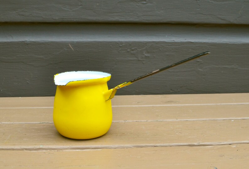 Enamel Pouring Cup, Mid Century Measuring Cup, Yellow Enamel Ladle image 1