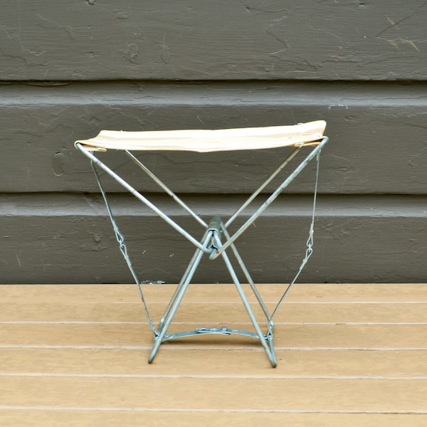 Camp Stool, Vintage Metal and Canvas Folding Stool, Portable Fishing Seat