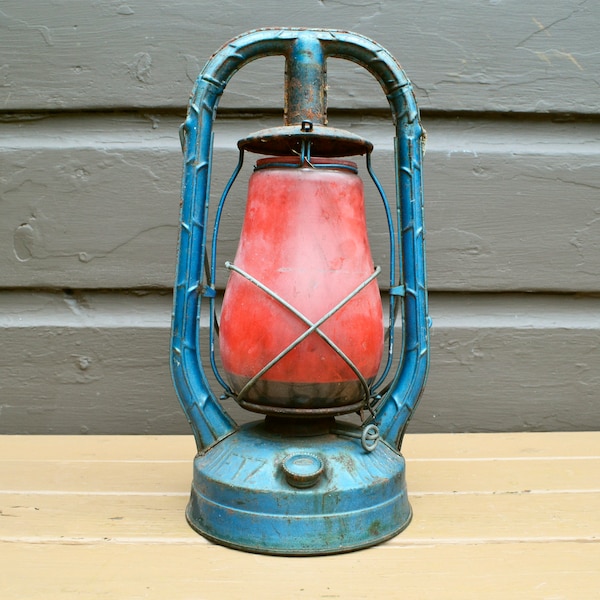 Old Kerosene Lantern, Antique Dietz Lantern, Blue Lantern with Red Globe, Americana