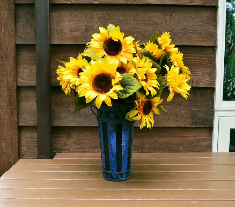 Painted Tin Flower Pail Vintage Tall Flower Bucket Blue And Etsy