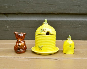Goebel Honey Pot, Skep and Bear Salt and Pepper, Vintage Hummel Honey Jar with Bear Salt and Mini Skep Pepper