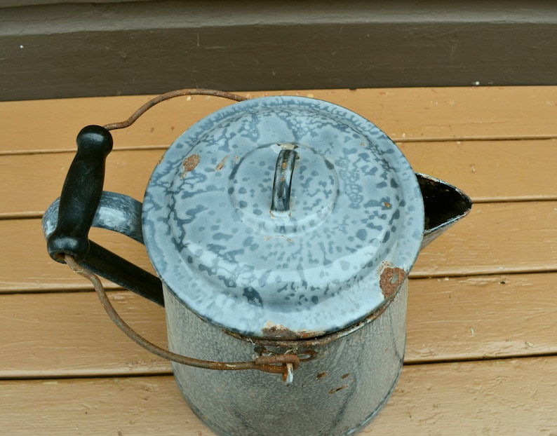 Large Graniteware Coffee Pot Vintage Gray Enamel Coffee Etsy