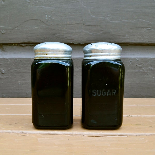 Black Glass Salt and Sugar, Vintage McKee Sugar and Salt Shakers, Large Glass Shakers