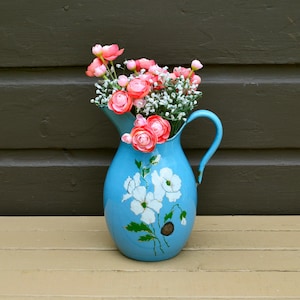 French Enamelware Pitcher, Antique Floral Blue Enamel Pitcher, Holey Bottom