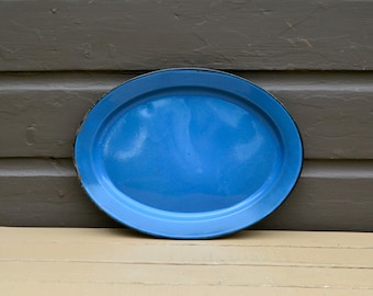 Blue Enamelware Platter, Vintage Faded Cobalt Blue Platter or Tray