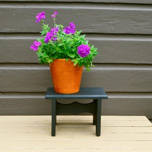 May include: A small black wooden stool with four legs and a scalloped apron, supporting a bright orange textured ceramic flower pot filled with vibrant purple verbena flowers and green leaves, creating a contrast between the dark and light.