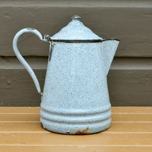 Blue Enamel Kettle, Vintage Mottled Grey Blue  Enamelware Coffee Pot, Vintage Grey Blue Enamel Kettle