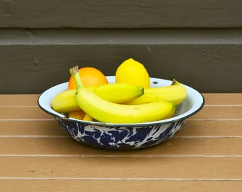 Enamel Bowl, Navy Blue and White Basin, Vintage Navy Blue Sponge Bowl