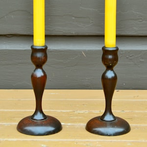 Candlesticks, Pair of Stained Wood Candleholders, Vintage Turned Wood Candlesticks