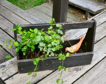 Old Wooden Box, Vintage Black Painted Work Box, Flower Box