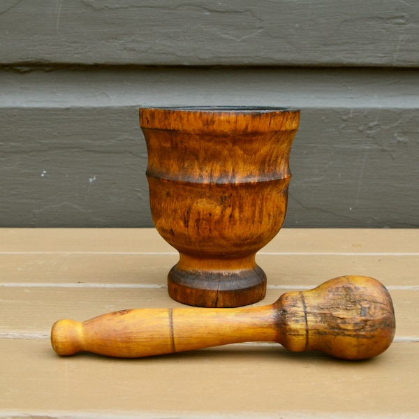 Antique Wooden Mortar And Pestle Set, Primitive Turned Wood Mortar Bowl