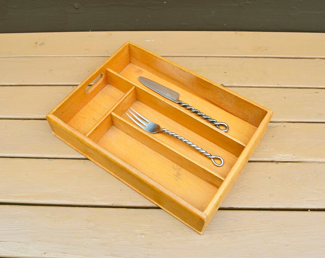 Utensil Box, Vintage Serving Utensil Box, Silverware Kitchen Utensil