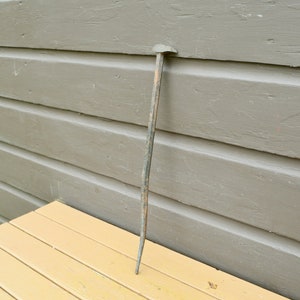 May include: A rusty metal pry bar with a curved handle and a flat head. The pry bar is resting on a light brown wooden surface.