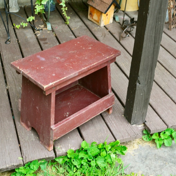 Large Burgundy Bench, Vintage Storage Bench, Shabby Weathered Bucket Bench, Porch Seat