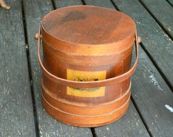 Wood Bucket, Vintage Wooden Firkin, Wooden Firkin Bucket with Lid