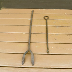 Primitive Iron Tools, Antique Forged Iron Fork and Screw Hook, Blacksmith Tools