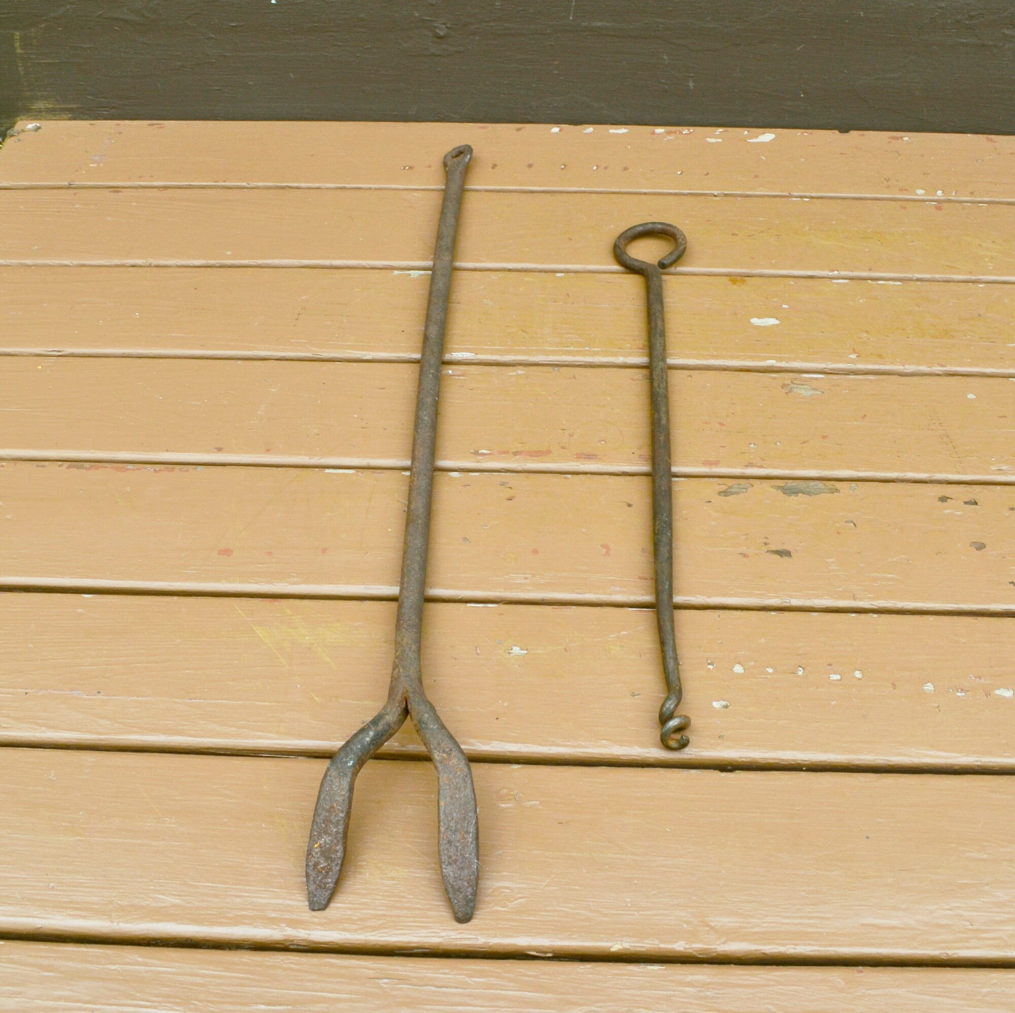 Primitive Iron Fire Cooking Tools, Antique Forged Fork & Screw Hook