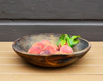 Antique Dough Bowl, Cracked Collared 15" Bowl, Primitive Wood Bowl