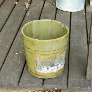 Painted Wood Bucket, Antique Primitive Wooden Bucket, Folk Art Painted Pail,