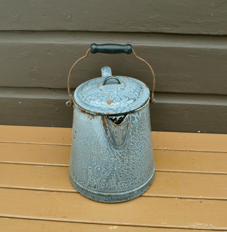 Large Graniteware Coffee Pot Vintage Gray Enamel Coffee Etsy