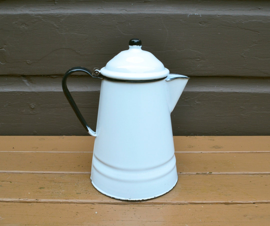 White Enamelware Coffee Pot, Rustic Vintage White Enamel Kettle, Coffee