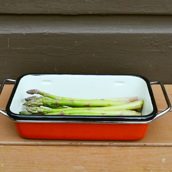 Orange Asparagus Dish, Vintage Enamel Serving Dish, Orange Enamel Vegetable Dish