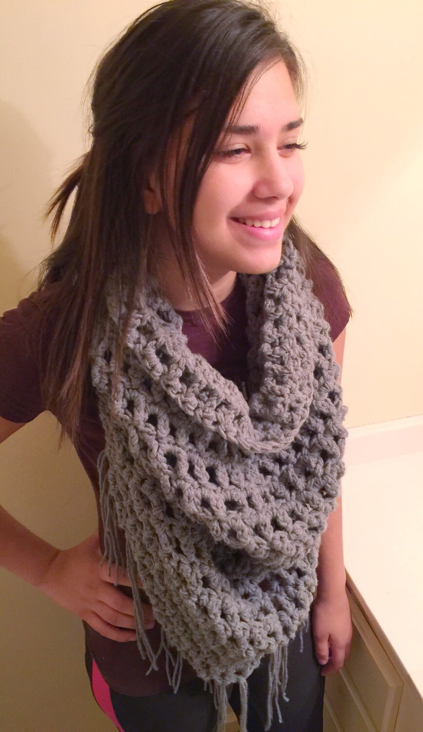 Crochet Triangle Neck Fringe Scarf Etsy