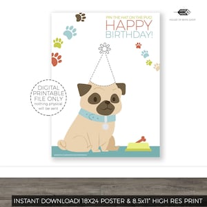 Pin The Tail on Puppy Pug Birthday Party Game Printable Kids Birthday Party Puppies Print Digital Pin The Tail Game Dog Birthday