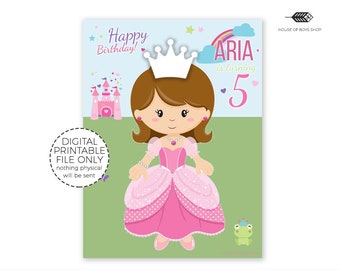 Op de afbeelding: Printbare digitale poster met een cartoonprinses in een roze jurk en een kroon. De poster zegt "Happy Birthday!" en "ARIA wordt 5 jaar".