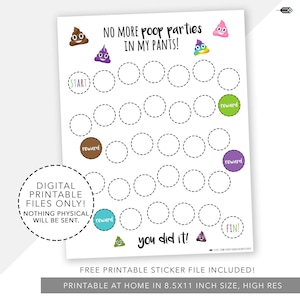 May include: A printable potty training chart with a poop emoji theme. The chart has 20 circles to mark progress, with "START" at the beginning and "FIN!" at the end. It also has four "reward" circles. The text says "NO MORE poop parties IN MY PANTS!" and "you did it!"