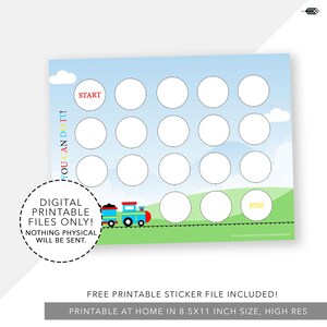May include: A printable chart with a blue sky background and a green grassy field. The chart has 20 circles in a grid pattern. The circles are for stickers or other markers. The chart has the words "You Can Do It!" and "Start" at the top and "Fin!" at the bottom. A red, blue, and yellow toy train is on the grass. The chart is 8.5x11 inches and includes a free printable sticker file.