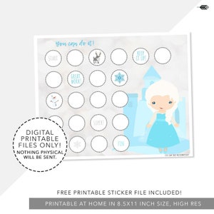 May include: A printable chart featuring a Frozen theme with a blue and white castle, a character resembling Elsa, and a reindeer. The chart has circles for stickers and includes the text "You can do it!" and "Keep it up!" The chart is designed for use as a reward chart for children.
