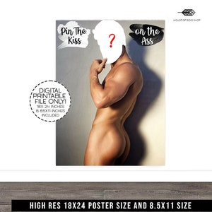 Pin the kiss on the hunk, Pin the kiss, pin the tail game, bachelorette party, hen party, bachelorette party, customized, digital