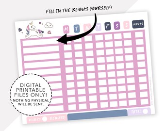 Unicorn Reward Chart, Printable Chore Chart, Chore Chart, Customizable, Editable Chart, Incentive Chart, Kids Chart, Reward Charts, Unicorn