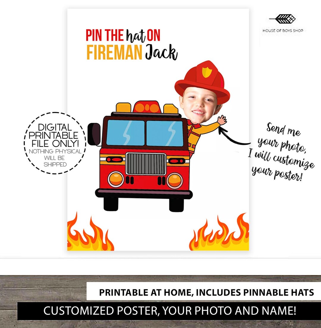 Custom Pin the Tail, Pin the HAT on the Fireman, Fire Truck Birthday