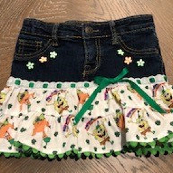 Sponge Bob Custom Made Embellished Jean Skirt - choose choice of children's favorite fabric - made to order