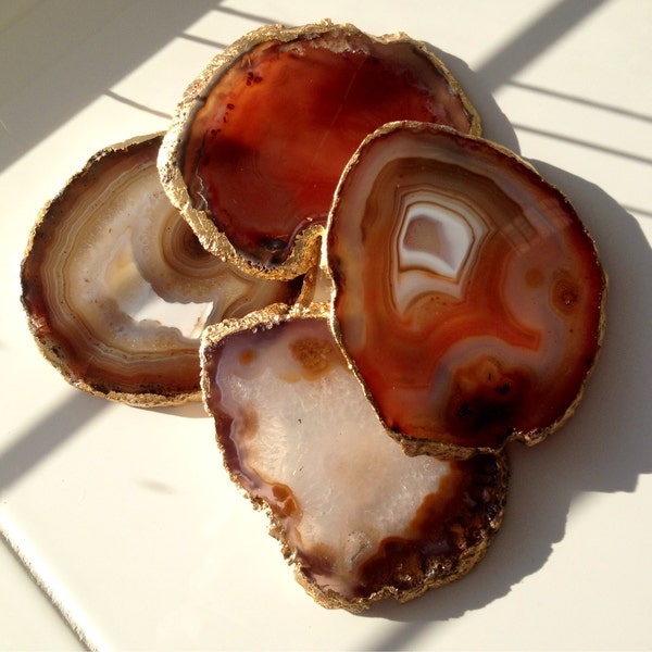 4 Brown Agate Coasters with Gold Leafing