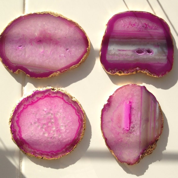 4 Hot Pink Agate Coasters with Gold Leafing