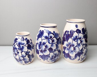 Ceramic Vases Painted with Indigo Blue Flowers