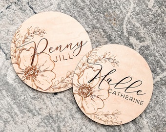 Floral Wooden Baby Name Announcement Sign | Custom Flower Engraved Baby Name Plaque | Modern Birth Announcement | Newborn Photo Prop