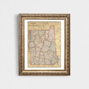 Vermont und New Hampshire Vintage Karte Sofort-Download - 1927 - Druckbare Karte, Hausbibliothek, Dekoration, Wandkunst, antike Karte