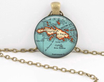 Virgin Islands St. Thomas Vintage 1938 Map Geography Gift  Pendant Necklace or Key Ring