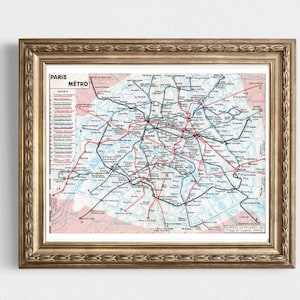 Mapa metra w Paryżu Vintage do pobrania natychmiast - Lata 50. - Mapa do druku, biblioteka domowa, wystrój domu, sztuka ścienna, zabytkowa mapa