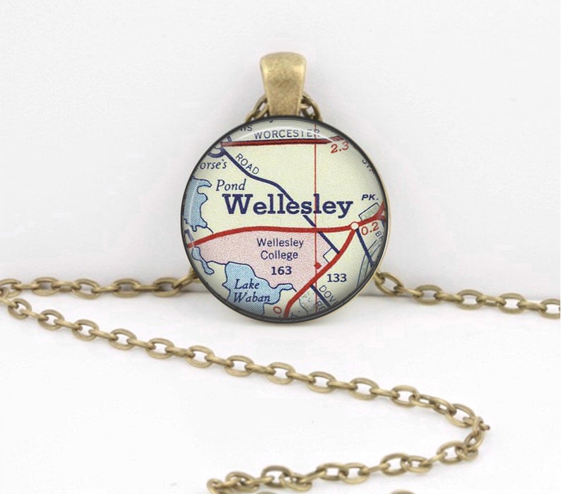 Wellesley College Massachusettes Map Geography Gift Pendant Necklace or Key Ring