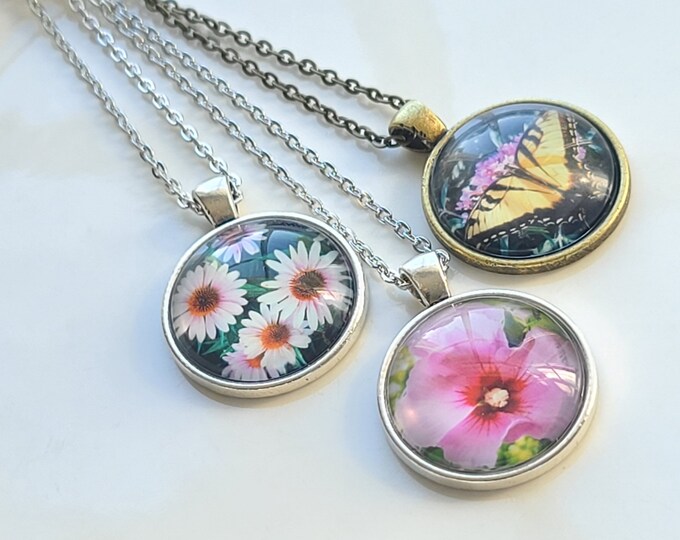 Floral Garden Nature Photography Pendant -- Purple Coneflower, Butterfly, or Hibiscus