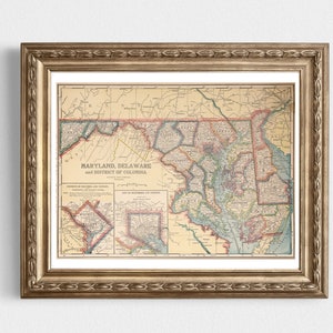 Vintage kaart van Maryland, Delaware en Washington DC direct downloaden - 1926 - afdrukbare kaart, thuisbibliotheek, woondecoratie, kunst aan de muur, antieke kaart